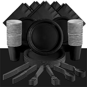 TBC HOME DECOR® Economy Black Party Kit In A Box for 12 guests, 2 table covers 54 x 108, 1- 84 ft roll of crepe streamer, 15 helium Balloons, 3 Foil Balloons, 20 plates, 48 utensils, 20 napkins, Party Favor Chest and MORE! OVER $100.00 IN VALUE. 100% MONEY BACK GUARANTEE BY TBC HOME DECOR®