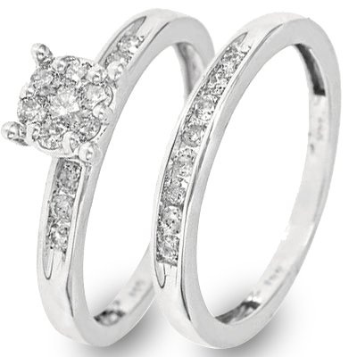 1/2 CT. T.W. Round Cut Diamond Engagement Ring and Ladies' Wedding Band Set 10K White Gold - Two Rings: Ladies Engagement Ring and Ladies Wedding Band - Free Gift Box -
