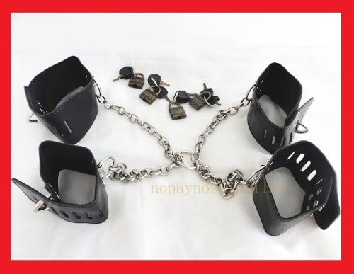 Slave Wrist &amp; Ankle Interlink on Chain Lockable Legs and Arms Adjustable Cuffs with Locks Torchering Harness. new