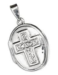 Sterling Silver Oval Cross Locket with Heart and Scroll Design