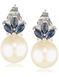10k White Gold Sapphire, Freshwater Cultured Pearl and Diamond Earrings (0.04 cttw GH, Color, I2-I3 Clarity)