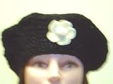 B121bw, Hand Crocheted Black Chenille Gimp Tweed Beret with One White Velvet Flower
