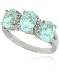 10k White Gold 3 Stone Aquamarine Oval Gemstone and Diamond Ring, Birthstone of March