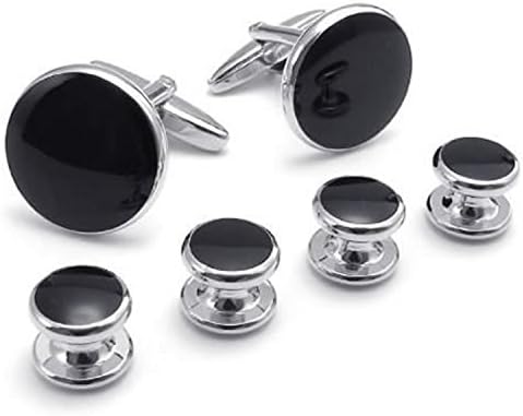 ZMSTORE Men's Classic Round Tuxedo 2pcs Cufflinks and 4pcs Studs Set, Color Black Silver
