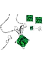 925 Sterling Silver Cubic Zirconia Princess Cut Synthetic Emerald Pendant and Earrings Jewelry Set