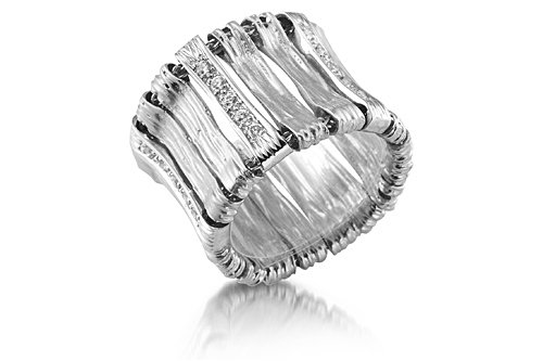 14K White Gold Matte-Finish Hand-Crafted and Etched Mesh Designer Ring, Enhanced with Pave Set Diamond Bars.