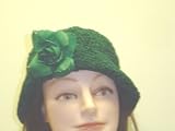 Ht24, Hand Crocheted Forest Green Chenille Gimp Tweed Floppy Hat with One Green Rose for Women and Teens