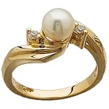 0.12 Ct.T.W. Round Brilliant Cut Diamonds, Cultured White Pearl, 14Kt. Yellow Gold. Pearl and Diamond Ring