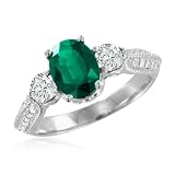 Natural Emerald and Diamond Ring in 18k White Gold 3 Stone Ring (G, SI2, 1.55 cttw), 8x6mm, Certificate of Authenticity