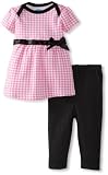 BON BEBE Baby-Girls Newborn Ribbon and Bow Top with Elastic Waist Jegging Pant, Pink/Black Houndstooth, 6-9 Months