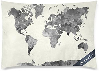 DemonCo World Map Map Of The World Grey Pillowcase Throw Pillow Case Cushion Cover Shams 20 x 30 Inches Two Sides, Doodle Watercolor Abstract Splatters Decorative Bedroom Home Decor