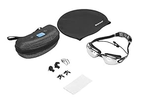 San Sport Swimming Goggles with 100% UV Protection Anti Fog Adjustable Straps for Men and Women + Protective Goggle Case, Silicone Swim Cap, Silicone Ear Plugs and Nose Clip (Black)