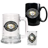 Pittsburgh Steelers 2008-2009 NFL Superbowl Champions Commemorative 15oz Glass Tankard, 15oz Black Ceramic Mug & 2oz Square Shot Glass Set -