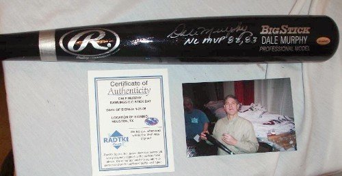Dale Murphy Autographed/Hand Signed Rawlings Big stick Black Baseball Bat with 82, 83 NL MVP Inscrip