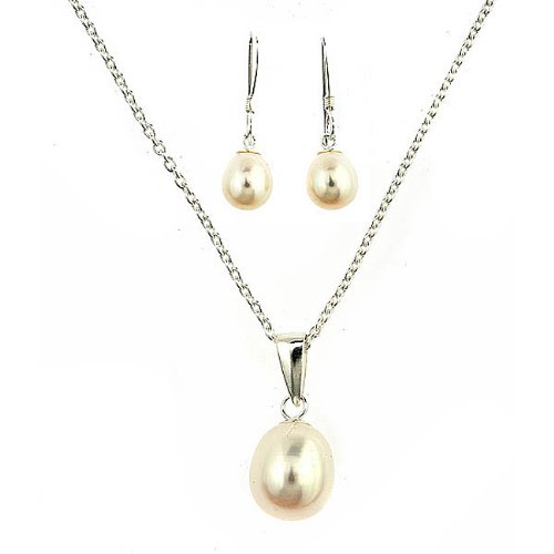 Sterling Silver 925 Fresh Water Pearl Pendant Necklace and Earrings Set