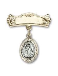 Gold Filled Baby Badge with Blue Miraculous Charm and Arched Polished Badge Pin