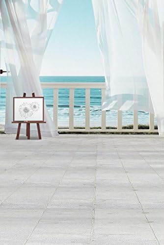 6.5 Ft*5 Ft New Arrival Beach Photography Backdrop Seaside Apartment Balcony Sketch Flowers White Curtain Photo Studio Background K-2200