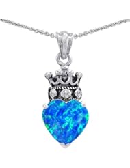 Genuine TRUE LOVE (tm) 925 Sterling Silver Simulated Blue Opal Heart With Crown Pendant