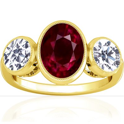 14K Yellow Gold Oval Cut Ruby Three Stone Ring (GIA Certificate)