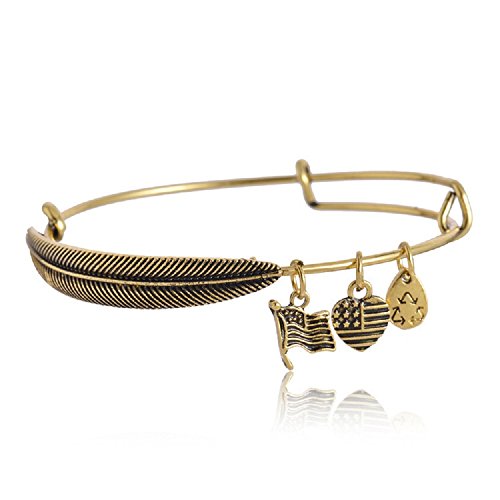 Women Charms Plume Feather Bracelet Vintage GOLD Plated Bracelets Bangles for Women, 7.75"
