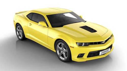 Chevrolet Camaro Coupé European Version (2014) Car Art Poster Print on 10 mil Archival Satin Paper Yellow Front Top Side Tilt Studio View 20"x15"