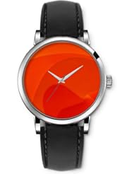 SPRAWL Aanalog Fashion Series Silver Ladies Watches of Genuine Black Leather Strap,Unique Wrist Watch for Women Girls Designed with orange waves