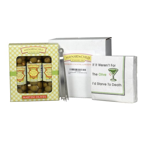 Maynard&Child Premium Variety Gift Pack of Stuffed Blue Cheese, Harissa, Picante Olives, Olive Tongs & Cocktail Napkins