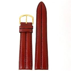 Watch Band Genuine Leather 16mm Burgundy Classical Vegetable oil treated durable double stitched and padded with gold plated buckle