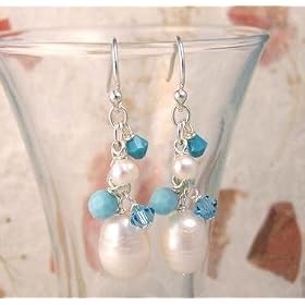 Sterling Silver Pearls, Swarovski Crystals, and Blue Stones Cluster with Pearl Drop Earrings