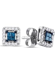 14K White Gold Princess Cut Blue and White Diamond - Square Princess Shape Invisible & Channel Set Studs Earrings with Secure Push Back Closure - (1/4 cttw.)