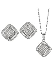 BRI Jewelry Sterling Silver Square Shape and Square With Clear Cubic Zirconia Set - Pendant - Earring