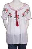 Ellison Smocked Fiesta Boat Neck Floral Embroidered Thread Detail Peasant Boho On Off Shoulder Blouse Top White