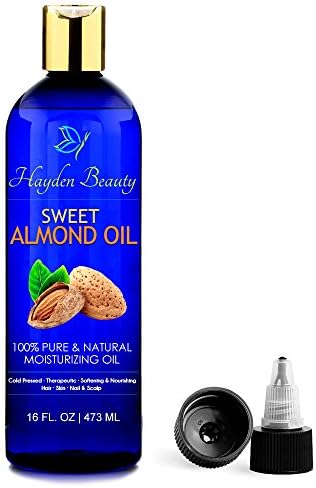 Hayden Beauty Sweet Almond Oil 16 fl oz, 100% Pure and Natural Cold Pressed, Ideal for Skin and Hair, Free Twist Cap Included