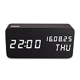 木製　LED置き時計　多機能　目覚まし時計　音声感知 温度計 デジタル時計　カレンダー　アラーム機能　LEDライト (ブラック)