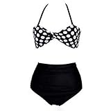 RETRO Swimsuits Suits Swimwear Vintage Bandeau HIGH WAISTED Bikini Set (Black, Medium)