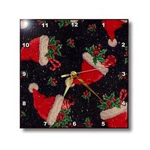 Santa Hats, Holly and Candy Canes on Black - 10x10 Wall Clock