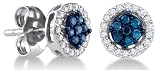 10K White Gold Channel Invisible Set Round White and Blue Diamond Flower Stud Earrings with Push Back Closure - (1/4 cttw)
