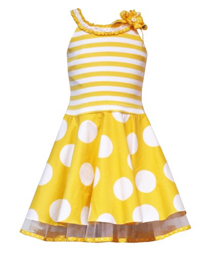 Rare Editions Little Girls 4 6X YELLOW WHITE DOTS STRIPES RUFFLE NECKLINE Special Occasion Wedding Flower Girl Party Dress