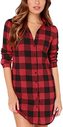 Oure Women Red Plaid Boyfriend Top Bouse Long T Shirt Dress (S)