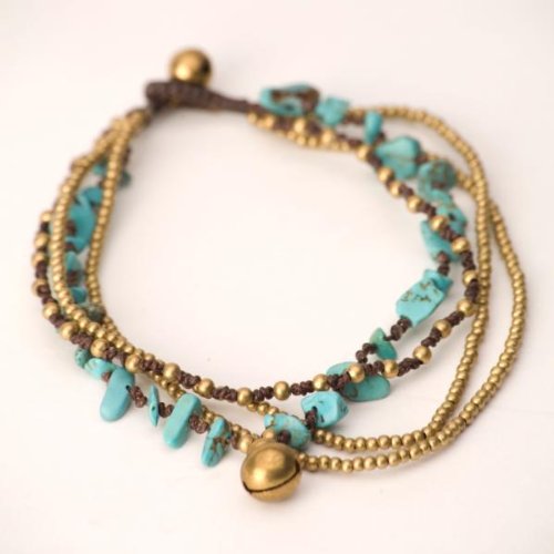 Turquoise bead brass gold bell ankle bracelet anklet
