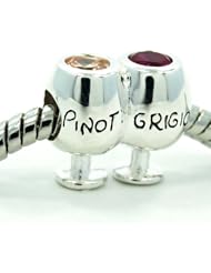.925 Sterling Silver " Wine Glasses W Cubic Zirconia Charm Bead Compatible with Pandora Chamilia Kay Troll Bracelet