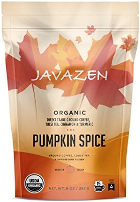 Javazen Pumpkin Spice | Organic Ground Coffee with Tulsi Tea, Turmeric, Cinnamon, Ginger, Cloves and Cardamom | USDA Certified Organic, Non-GMO, Kosher, 9oz (15 Servings)