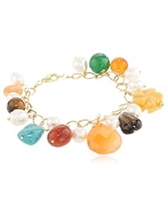 Multi-Gemstone Shapes and White Rice Freshwater Cultured Pearl Drops Thick Gold over Silver Chain Bracelet, 7.5"