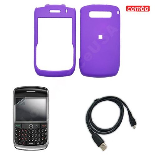 Blackberry Curve 8900 Javelin Combo Rubber Feel Purple Protective Case Faceplate Cover + LCD Screen Protector + USB Data Charge Sync Cable for Blackberry Curve 8900 Javelin