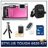 Olympus Stylus Tough-6020 Digital Camera (Pink), 14 Megapixel, 28mm 5X Optical Zoom, 2.7 LCD Screen, Waterproof to 16', 8 GB Memory Card, Card Reader, Deluxe Carrying Case, Tripod, and Lens Cleaning Kit
