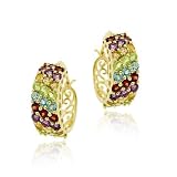 18K Gold over Sterling Silver 3 Row Multi Gemstone Hoop Earrings