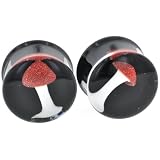 Pair of Glass Double Flared Mushroom Plugs: 00g, Red Amanita