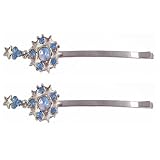 Hair Clip - H111 - Bobby Pin Style - Circle and Stars ~ 2-1/2" Long - Bright Silver Metal - Lt Blue Crystals - 2 Pc Set