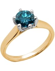 1.35 Ct Round Blue SI1/SI2 Diamond 18K Yellow Gold Ring