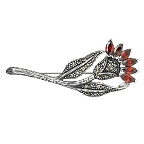 Sterling Silver Marcasite Garnet Cubic Zirconium Rose Brooch by 
